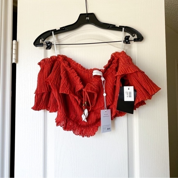 Zimmermann Top Veneto Off-Shoulder Draw Gauze Shell Crinkle Vacation Clay 1 NWT - Picture 2 of 9